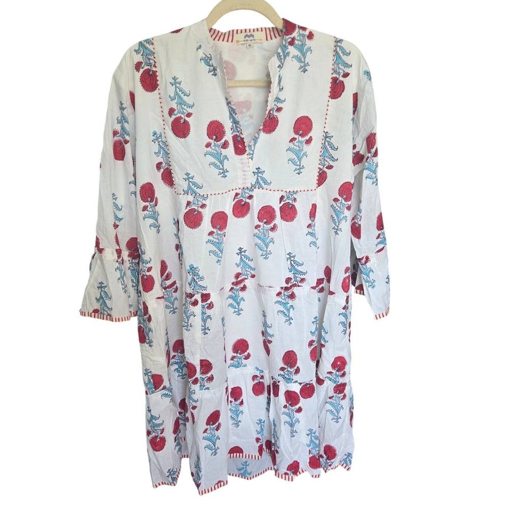 NIBI-MTK Dylan Mini Dress Block Print Floral Tiered 3/4 Sleeve Cotton Boho XL